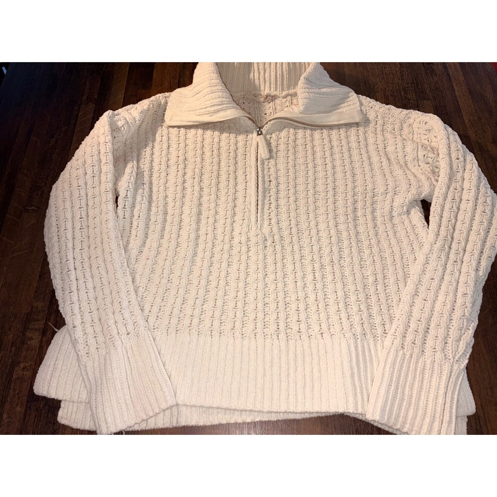 Republic Womens Cream Chenille Quarter Zip Cable Knit Sweater Medium